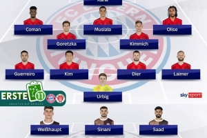 天空预测拜仁vs圣保利首发：中卫金玟哉搭档戴尔，格雷罗左后卫